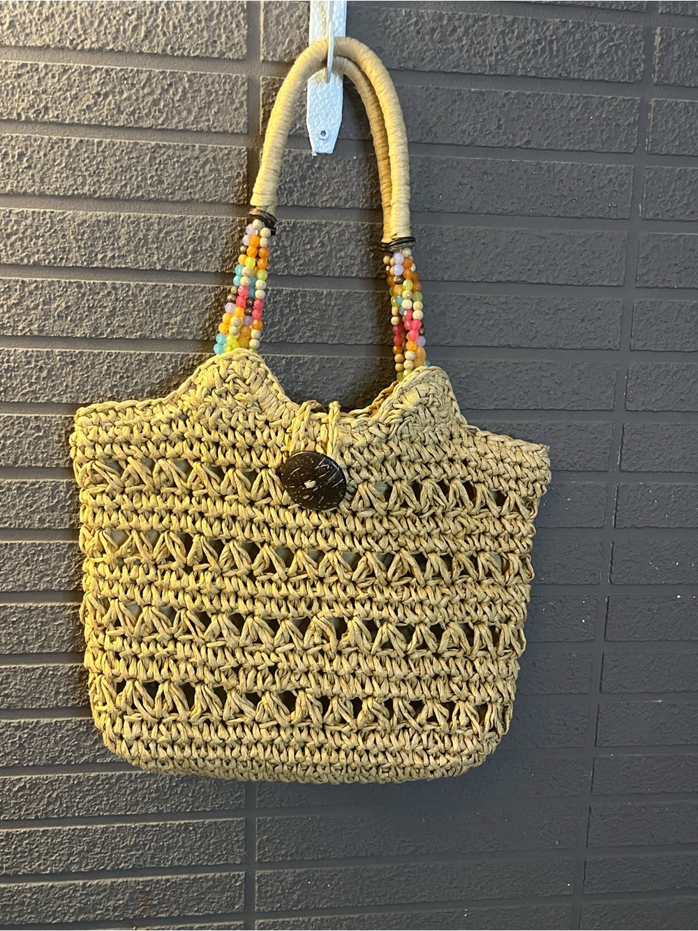 Kelly & Katie Woven Straw Tote Bag Beaded Handles Beach Purse